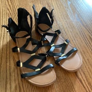 Black and gold zip up back sandals